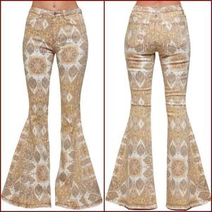 Wisteria Lane Gold Medallion All Over Print Bell Bottom Jeans
